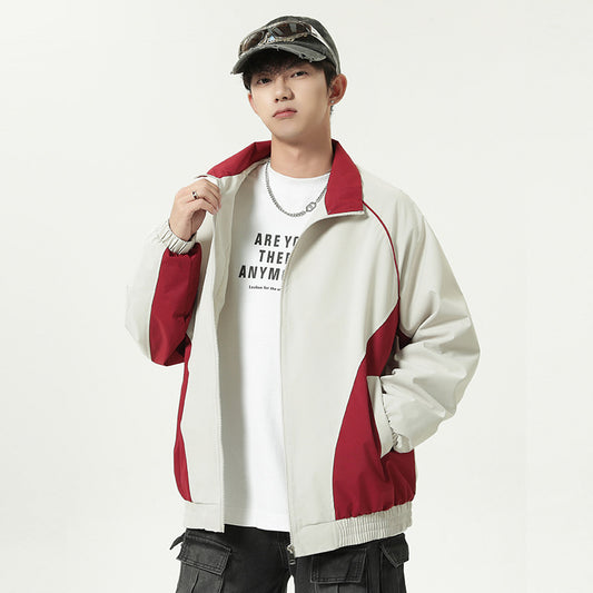 Unisex Color Block Stand Collar Loose Baseball Jacket